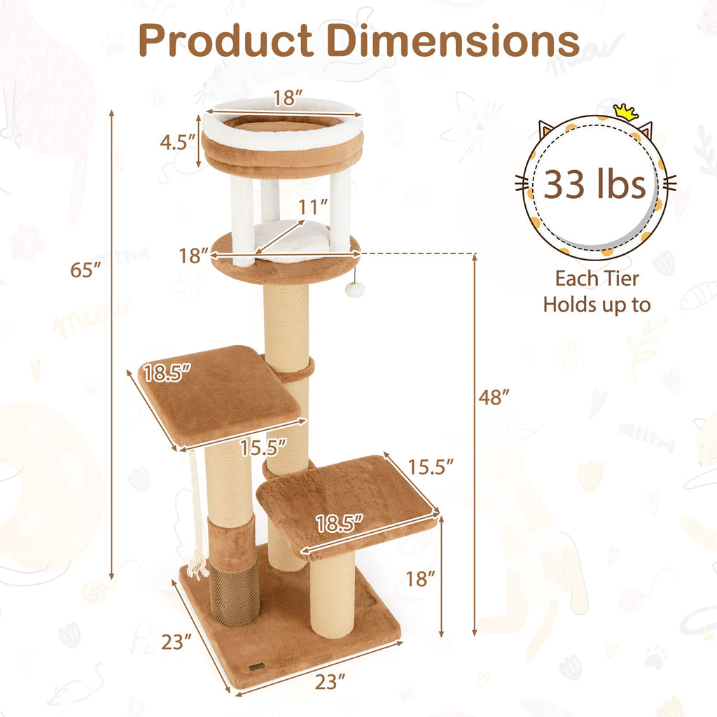 65 Inches Tall Cat Tree with Self-groomer and Removable Cat Bed-Coffee